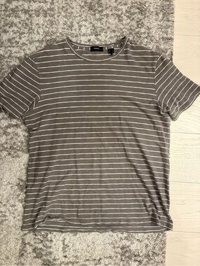 Theory Men's Taupe and White Striped Crewneck Tee